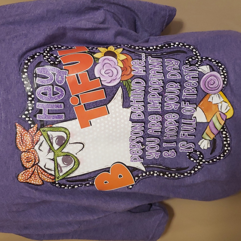 EUC Halloween ghost purple Gildan softstyle t-shirt Uplifting Cute! Sz 2x